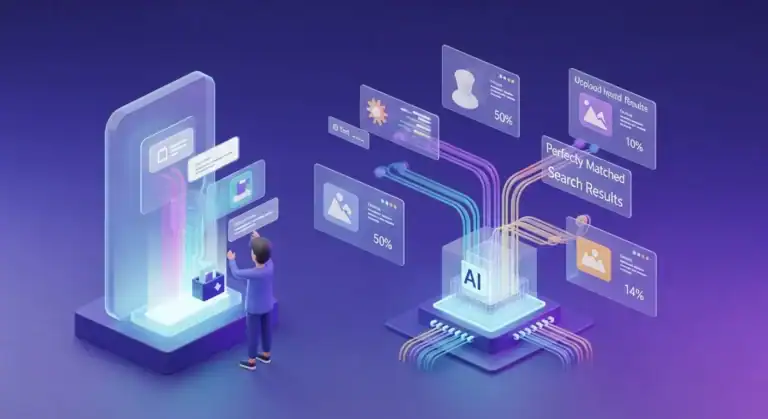 AI-powered search results visualization. Person interacting with data flowing between phone & AI processor.